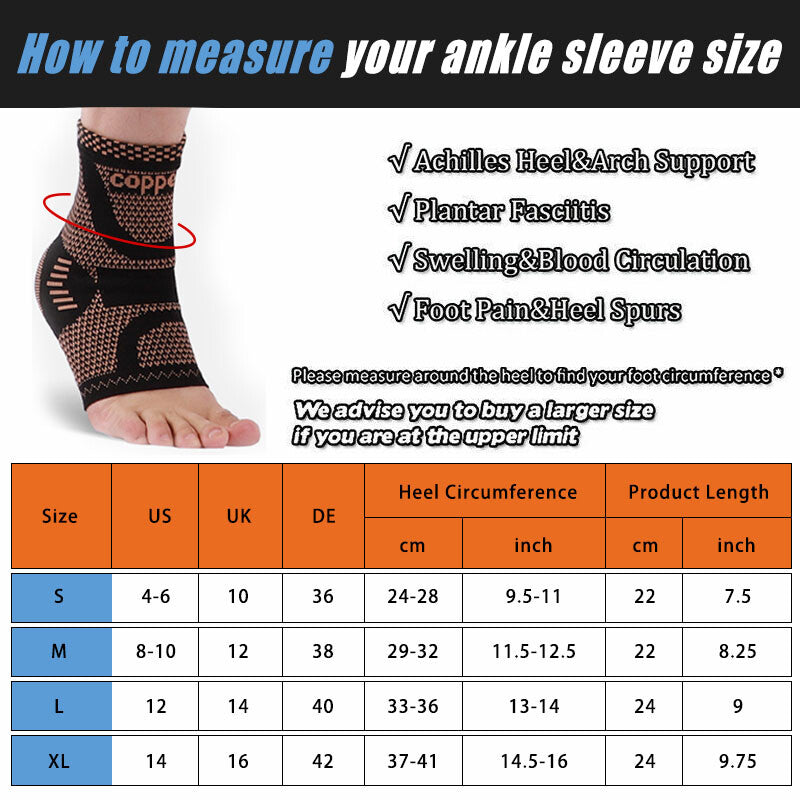 Copper Infused Ankle Brace Foot Support Compression Sleeve Sports Protectors Gym