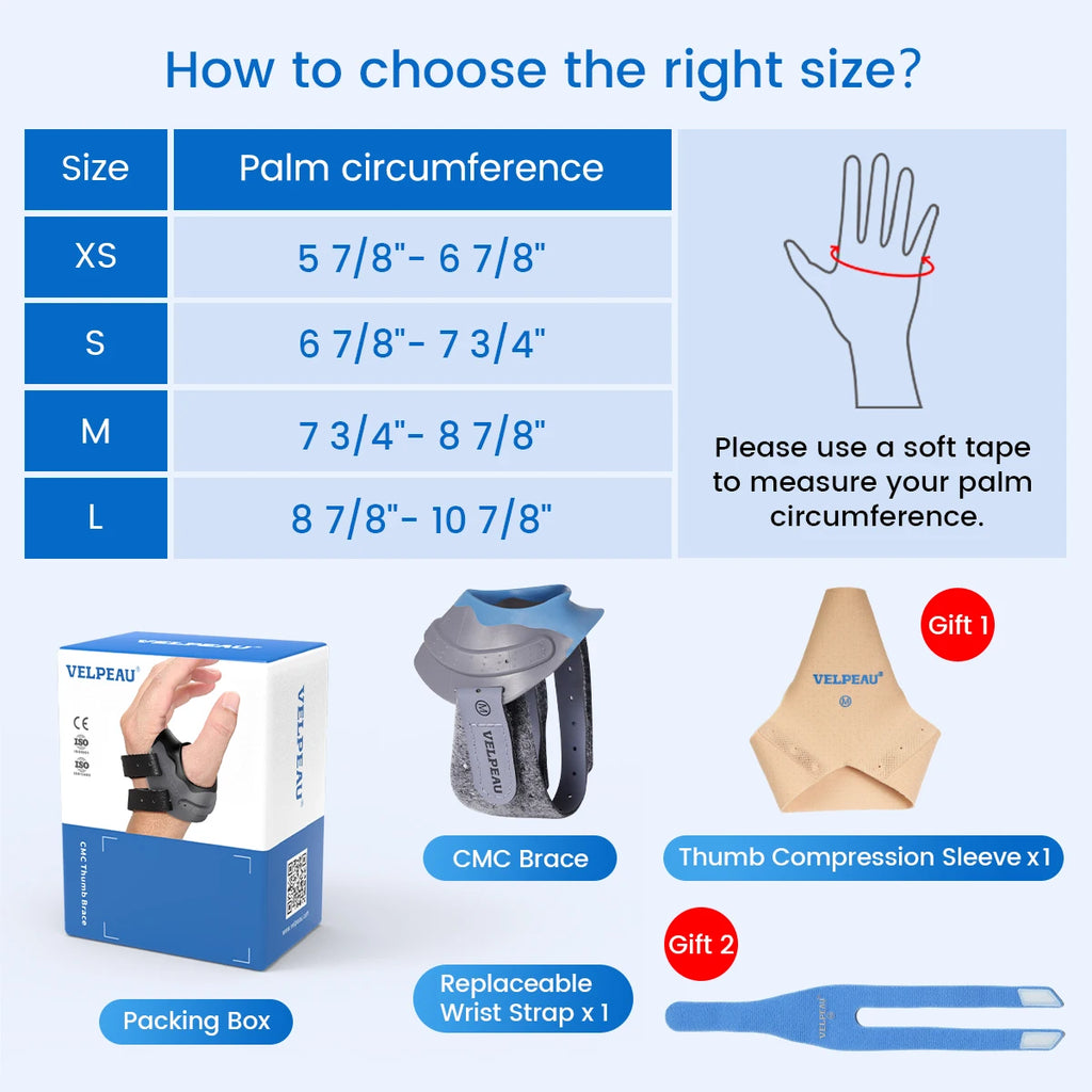 VELPEAU CMC Thumb Brace with Shape-memory Restriction Splint, CMC Joint Stabilizer for Basal Thumb Arthritis and Pain Relief  For right hand-Blue Large