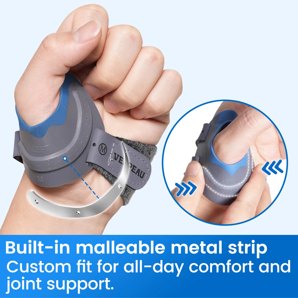 VELPEAU CMC Thumb Brace with Shape-memory Restriction Splint, CMC Joint Stabilizer for Basal Thumb Arthritis and Pain Relief  For right hand-Blue Large